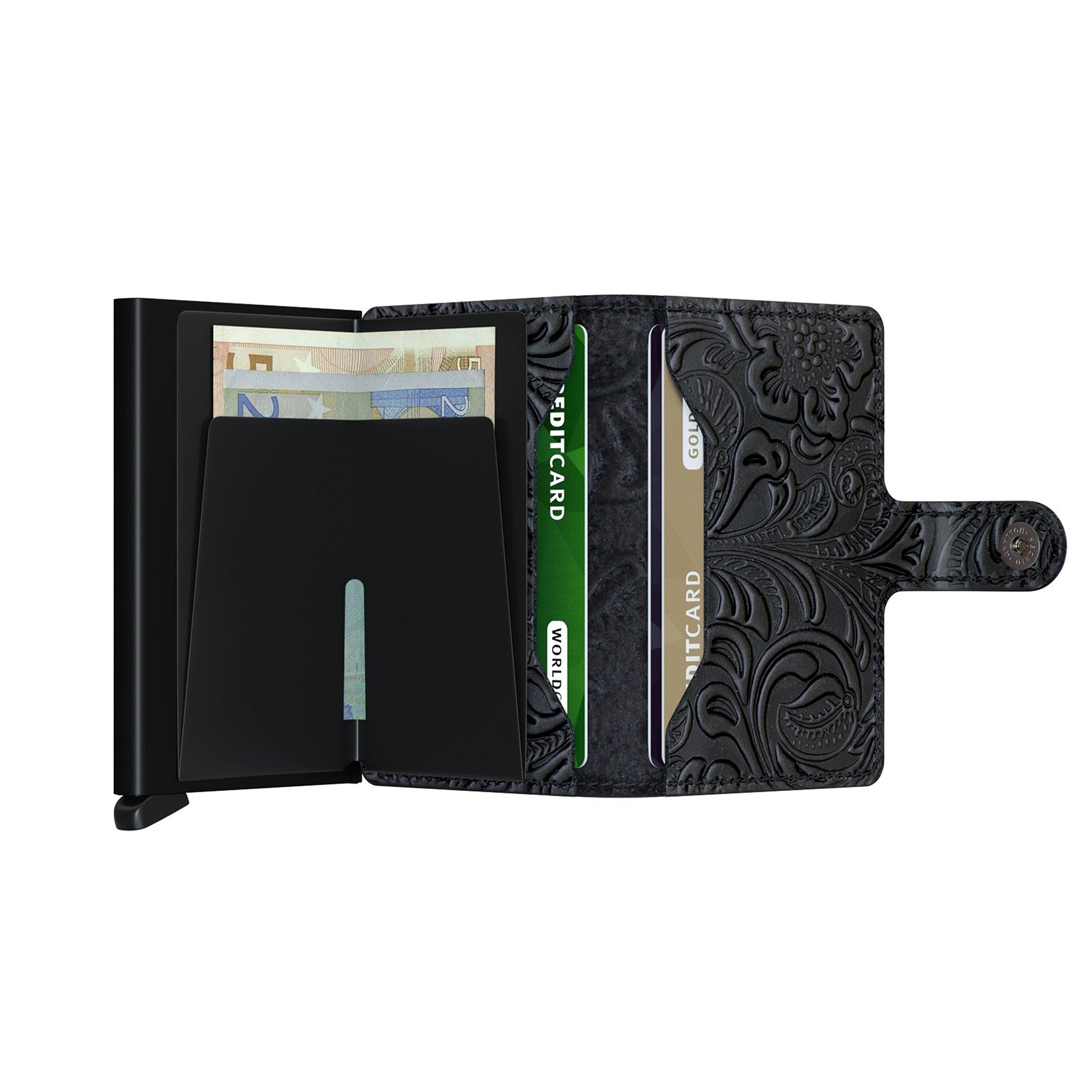 Miniwallet ornament black open with banknotes